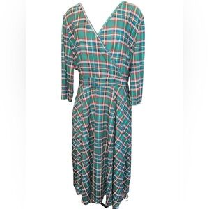 Hissmay Women's Dress Size 22W Green Plaid Faux Wrap Attached Belt 3/4 Sleeves